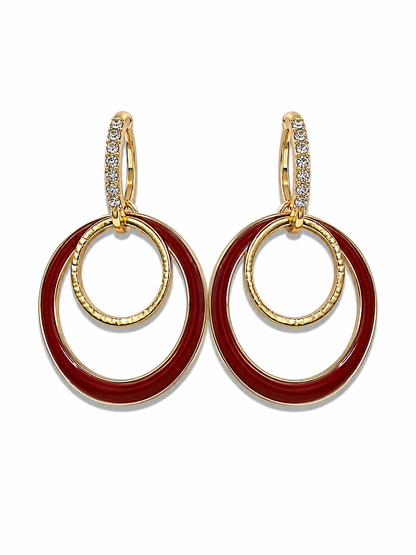 Jessica Simpson Burgundy Enamel &amp; Gold Crystal Double Hoop Drop Earrings
