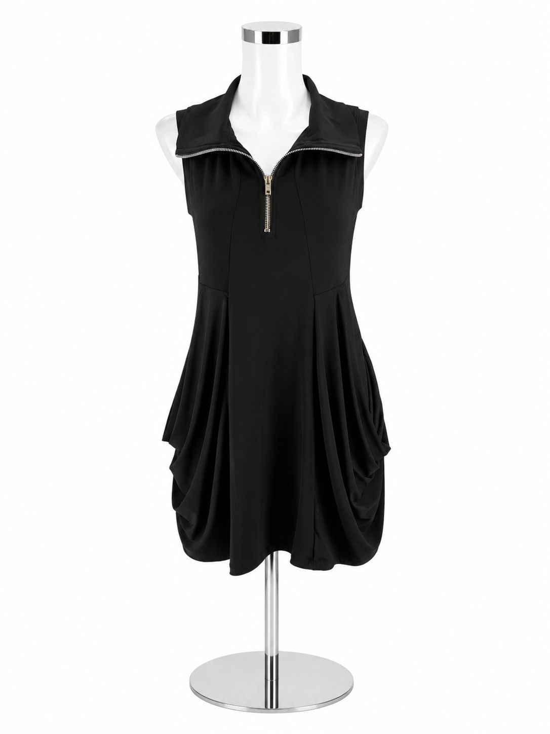 Fashque Ruffle Neck Half-Zip Sleeveless Tunic Dress Black Size Small