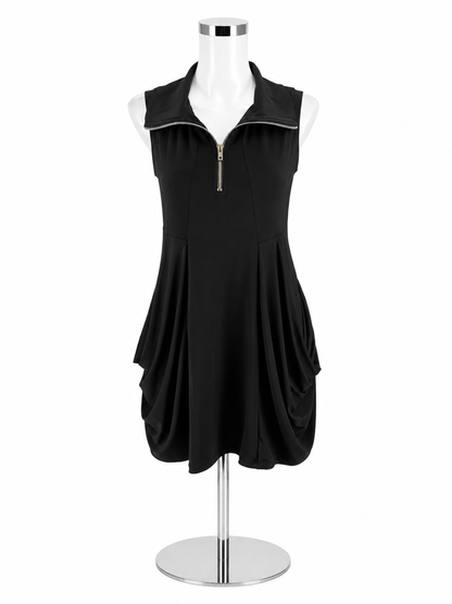 Fashque Ruffle Neck Half-Zip Sleeveless Tunic Dress Black Size Small