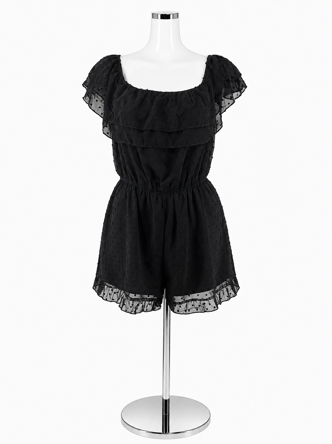 Andrée by Unit Black Swiss Dot Off Shoulder Ruffle Romper Size M NWT