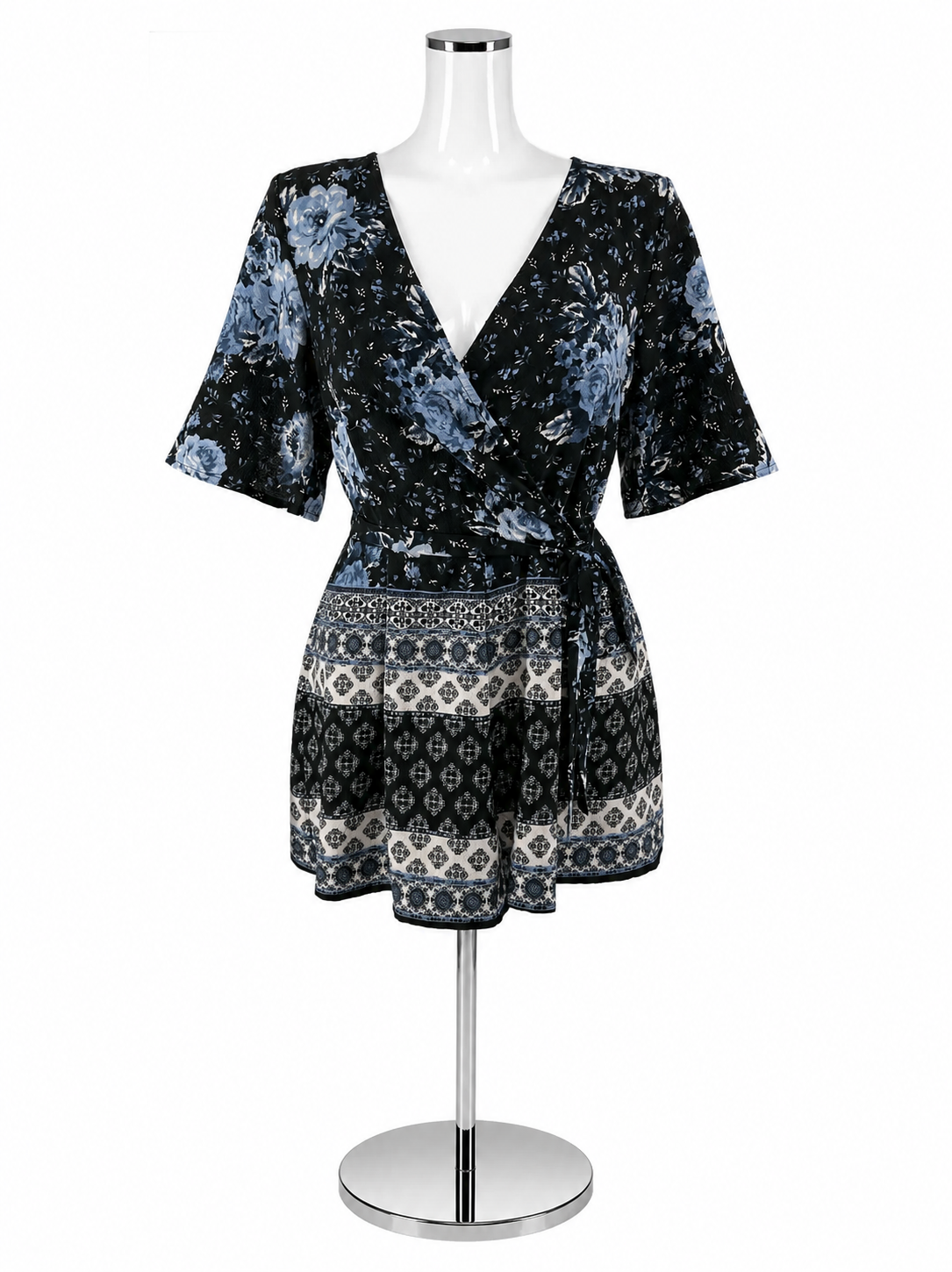Blue Rain Floral Print Wrap Romper with Open Back Size Small
