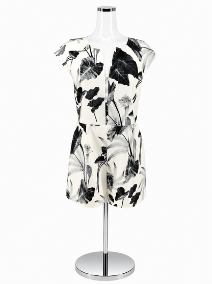 Ark &amp; Co Tropical Leaf Print Cap Sleeve Romper White Charcoal Size Large