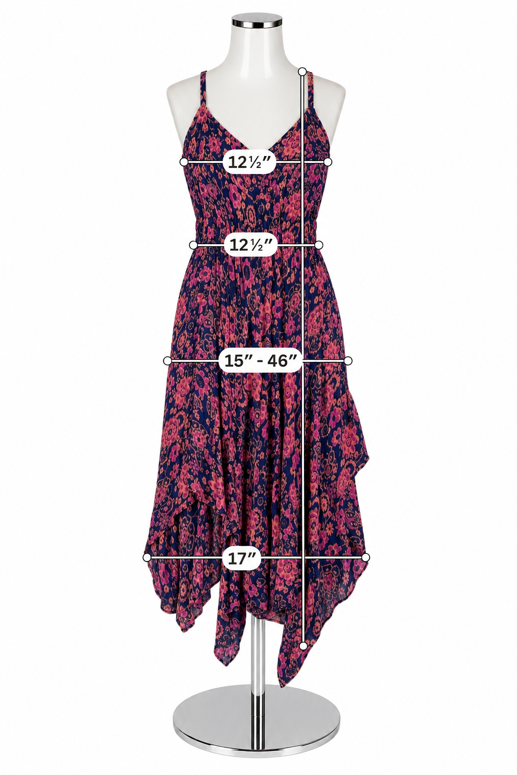 YM &amp; Co. Navy &amp; Pink Floral Handkerchief Hem Halter Maxi Dress Size Small