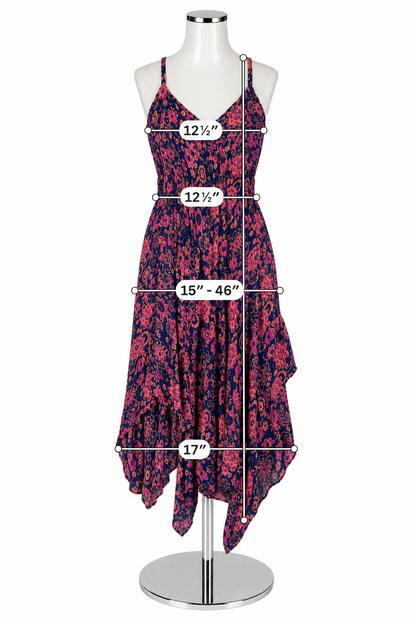 YM &amp; Co. Navy &amp; Pink Floral Handkerchief Hem Halter Maxi Dress Size Small