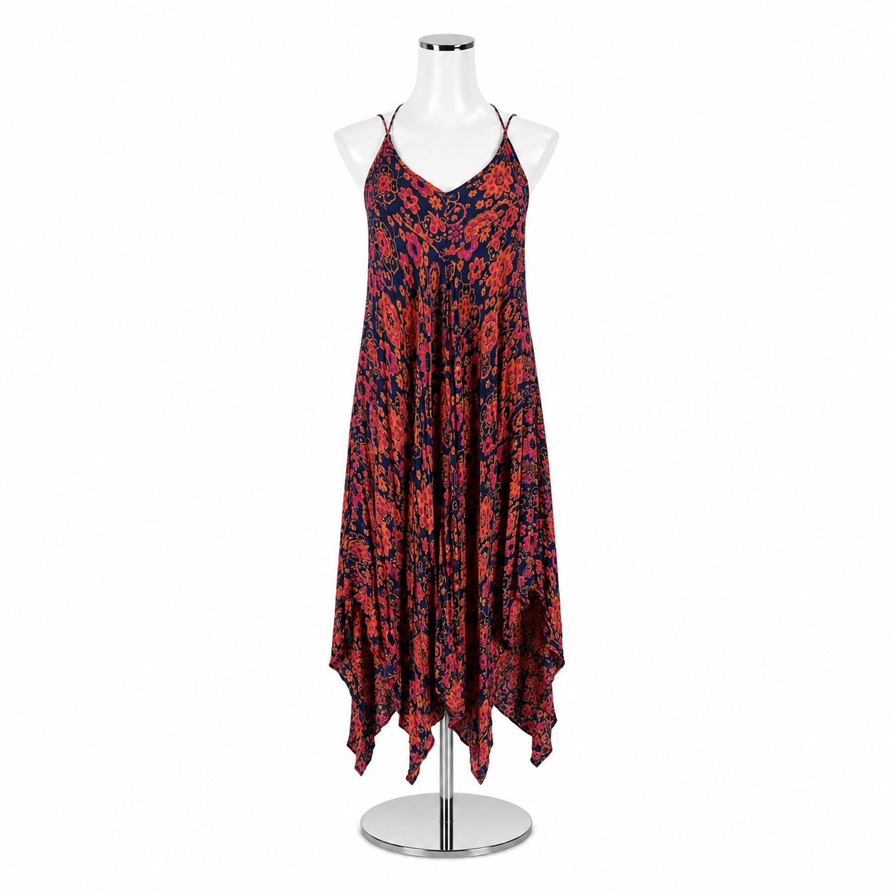 YM &amp; Co. Navy &amp; Pink Floral Handkerchief Hem Halter Maxi Dress Size Small