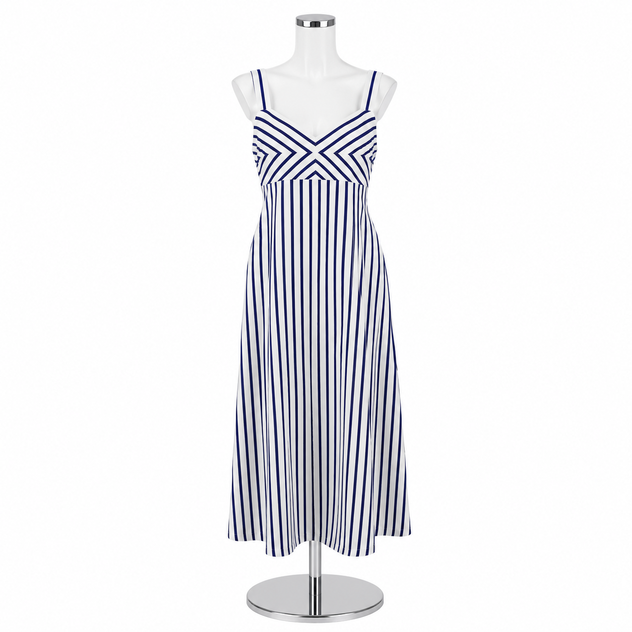 Talbots Nautical Chevron Stripe Cotton Midi Dress White Blue Size 2