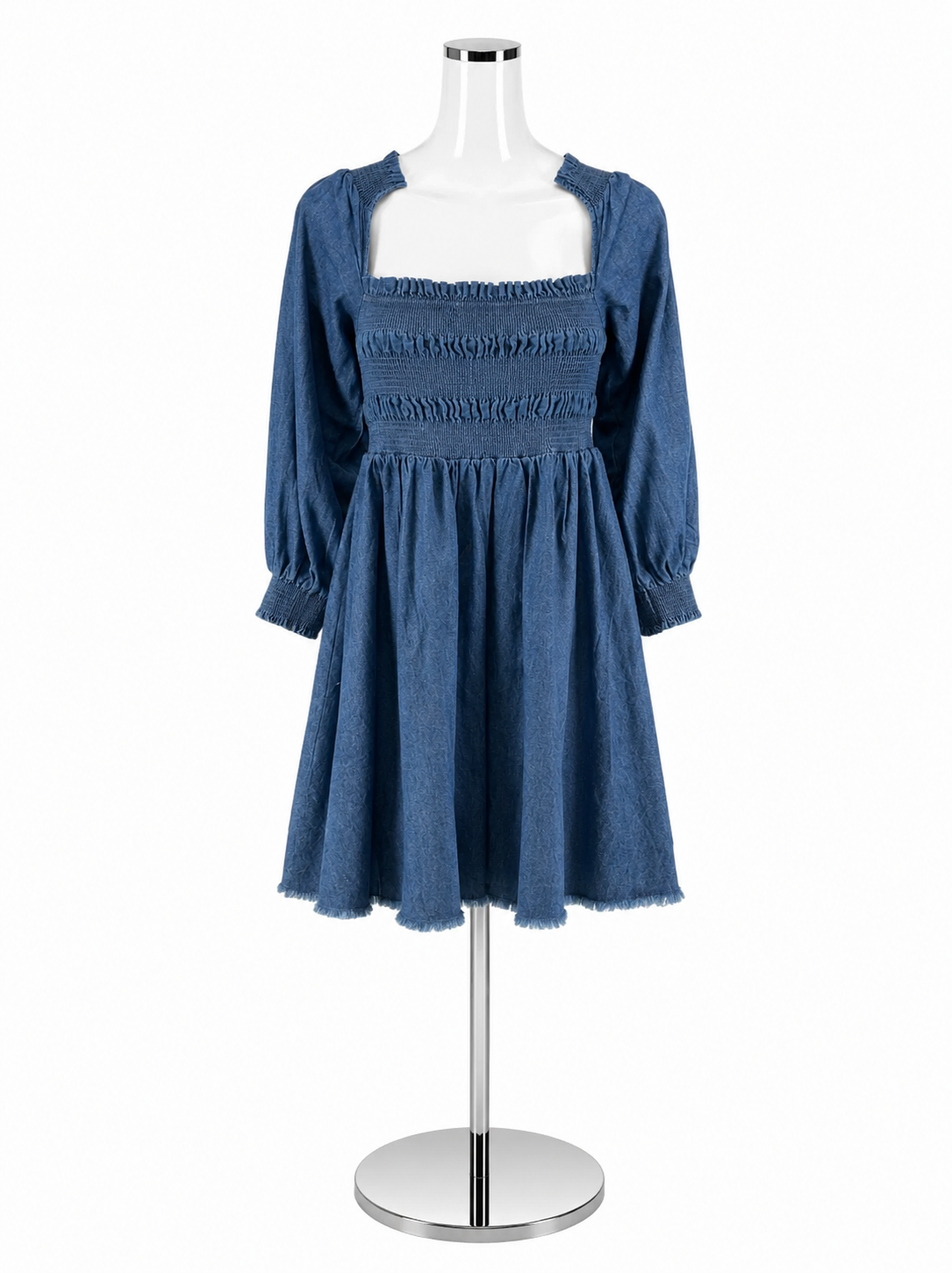 En Saison Denim Smocked Puff Sleeve Mini Dress Blue Medium