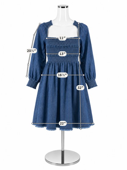 En Saison Denim Smocked Puff Sleeve Mini Dress Blue Medium