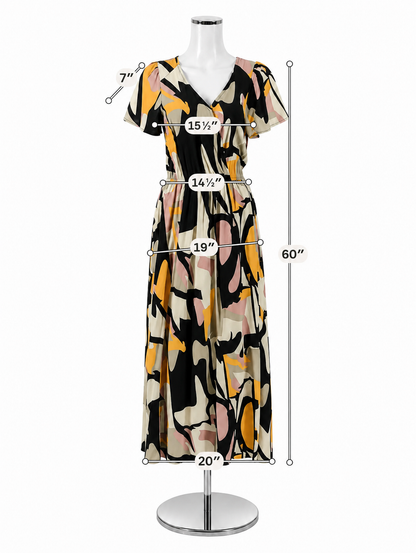 Lascana Abstract Print Flutter Sleeve Maxi Dress with Slit | Size 4