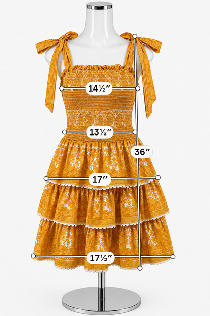 Cleobella Margaux Smocked Tiered Floral Mini Dress Mustard Yellow Medium