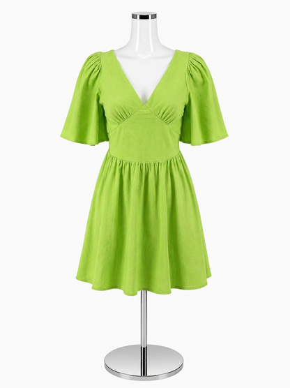 THML Lime Green Flutter Sleeve Smocked V-Neck Mini Dress | Size Small