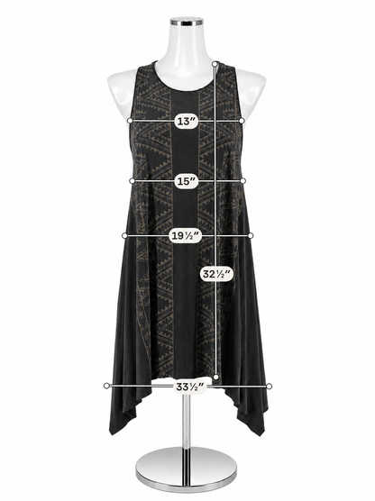 Ecote Aztec Print Racerback Handkerchief Hem Swing Dress Gray Tan Boho Medium