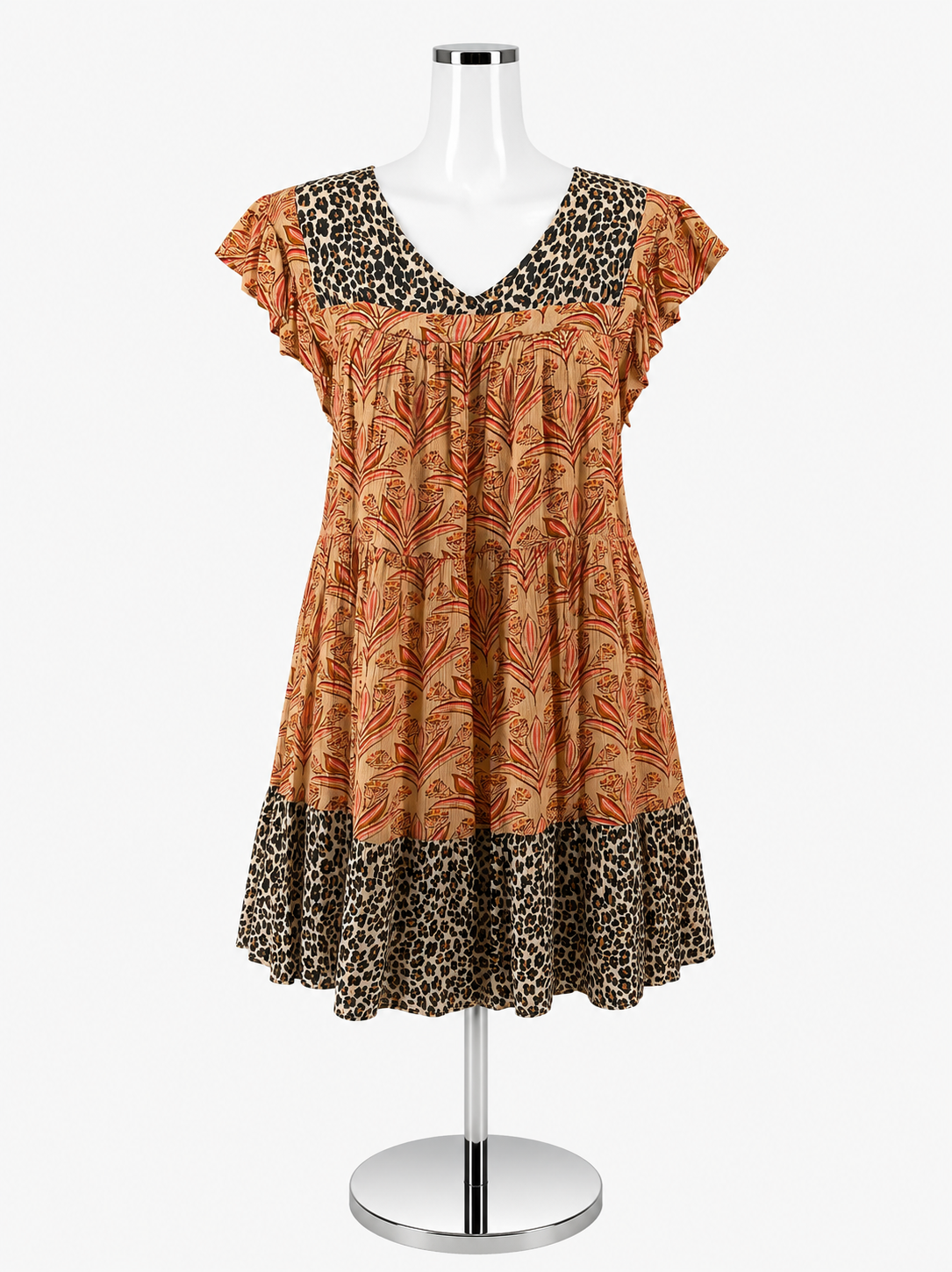 THML Mixed Animal &amp; Floral Print Ruffle Sleeve Tiered Mini Dress Size Small
