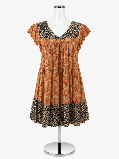 THML Mixed Animal &amp; Floral Print Ruffle Sleeve Tiered Mini Dress Size Small