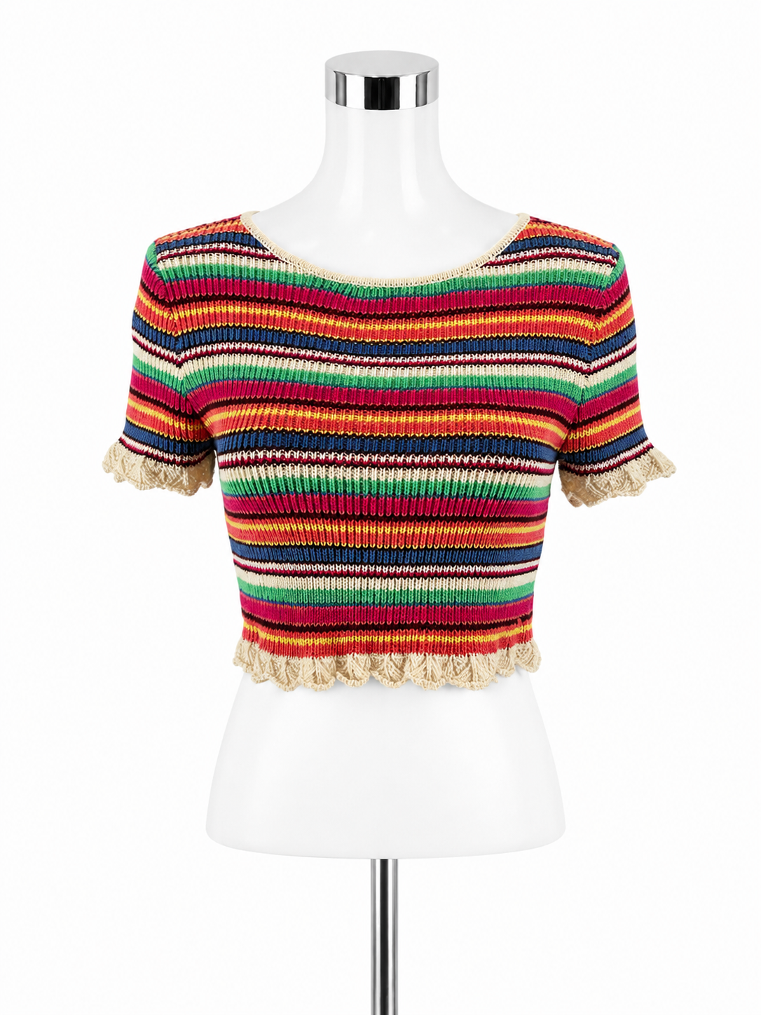 Romeo &amp; Juliet Couture Rainbow Striped Knit Crop Top Scallop Trim Size Medium