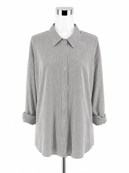 COSCOS White &amp; Black Pinstripe Longline Button-Up Shirt | Size XL