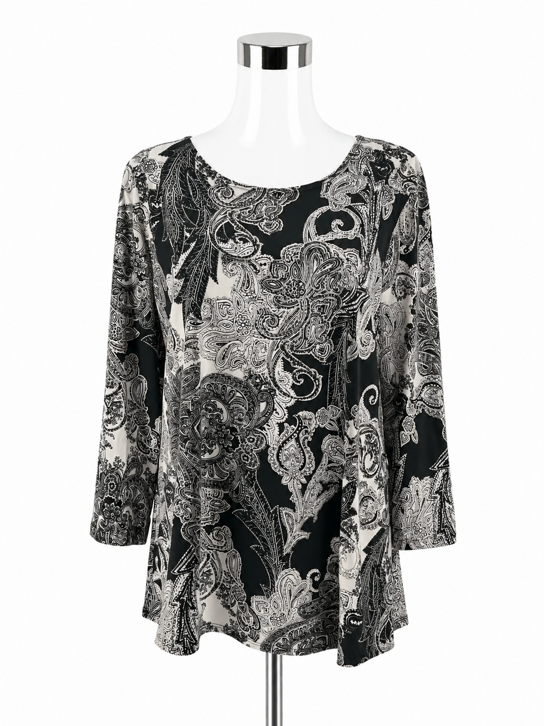 Travel Elements Paisley Print Tunic Top Black White Gold 3/4 Sleeve XL