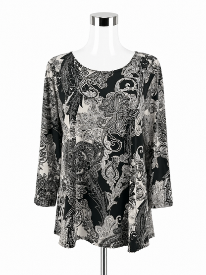 Travel Elements Paisley Print Tunic Top Black White Gold 3/4 Sleeve XL