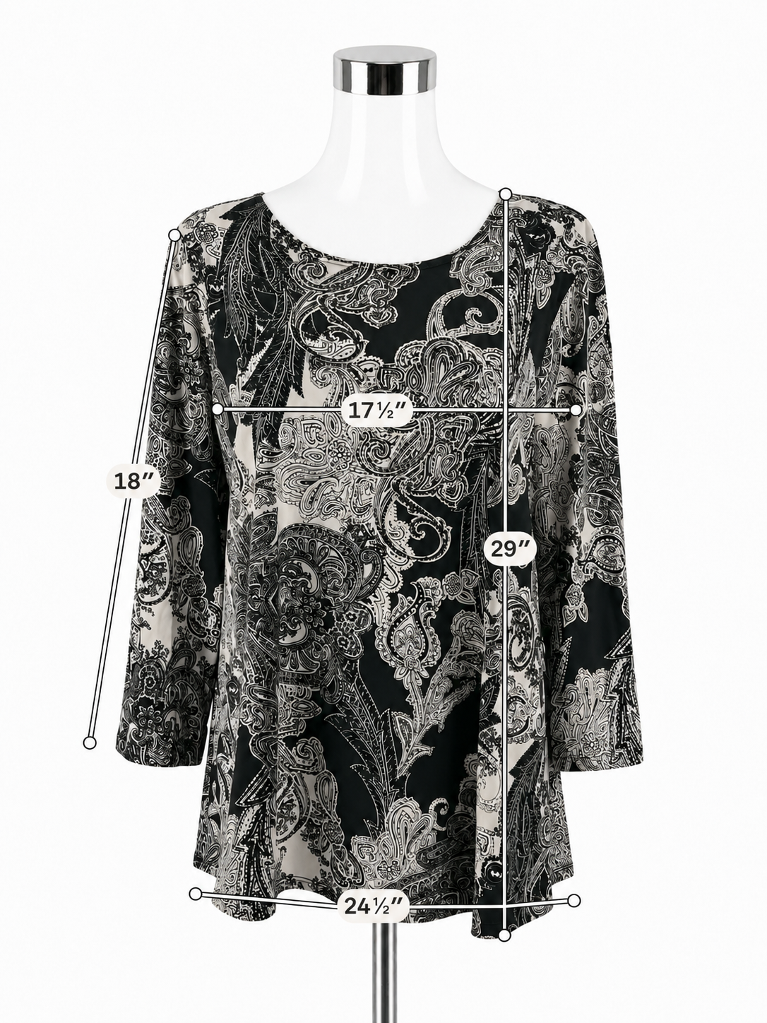 Travel Elements Paisley Print Tunic Top Black White Gold 3/4 Sleeve XL
