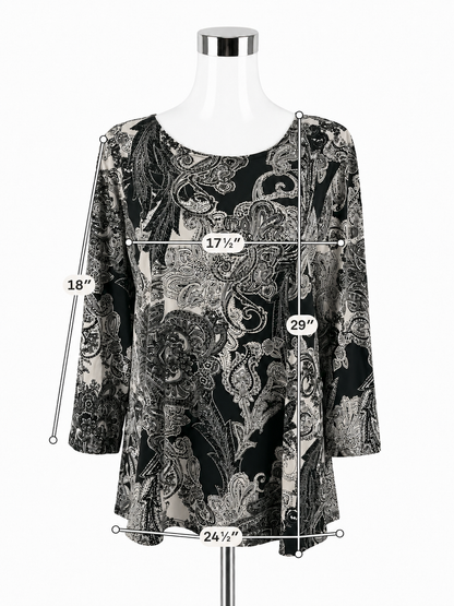 Travel Elements Paisley Print Tunic Top Black White Gold 3/4 Sleeve XL