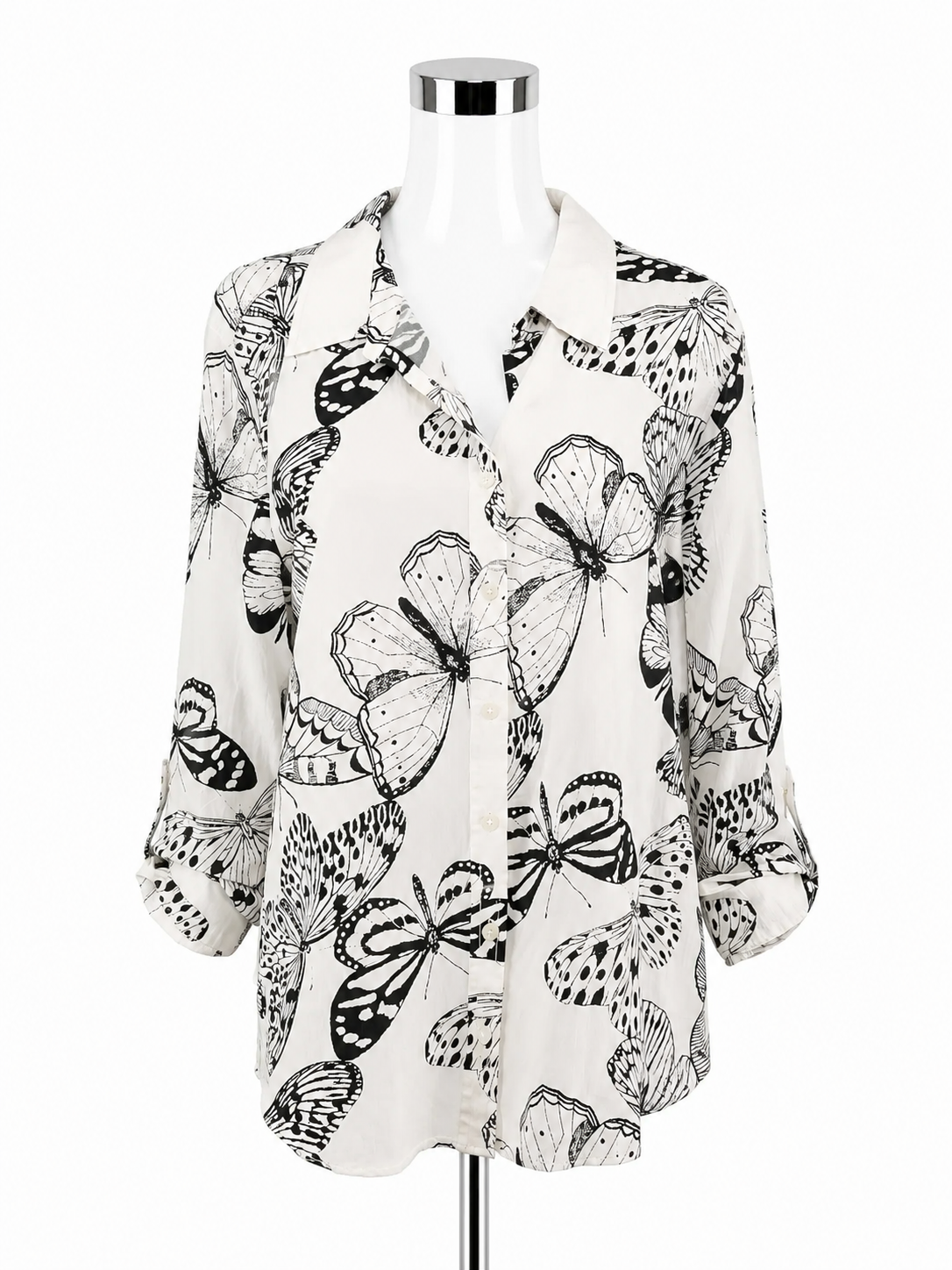Jane &amp; Delancey Butterfly Print Button Down Roll-Tab Blouse Size XL - ONLINE ONLY