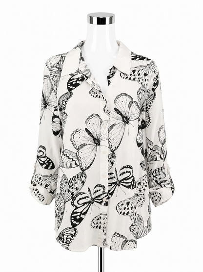Jane &amp; Delancey Butterfly Print Button Down Roll-Tab Blouse Size XL