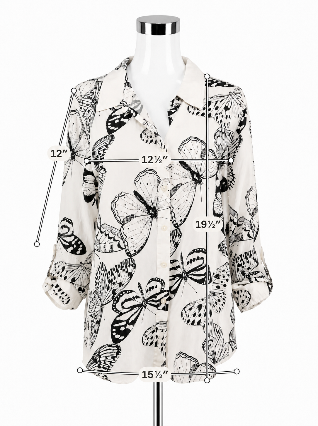 Jane &amp; Delancey Butterfly Print Button Down Roll-Tab Blouse Size XL - ONLINE ONLY