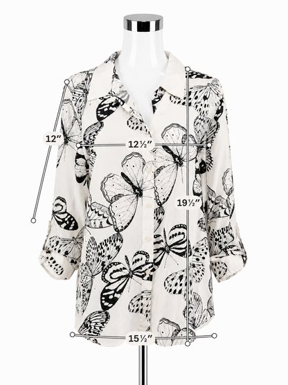 Jane &amp; Delancey Butterfly Print Button Down Roll-Tab Blouse Size XL