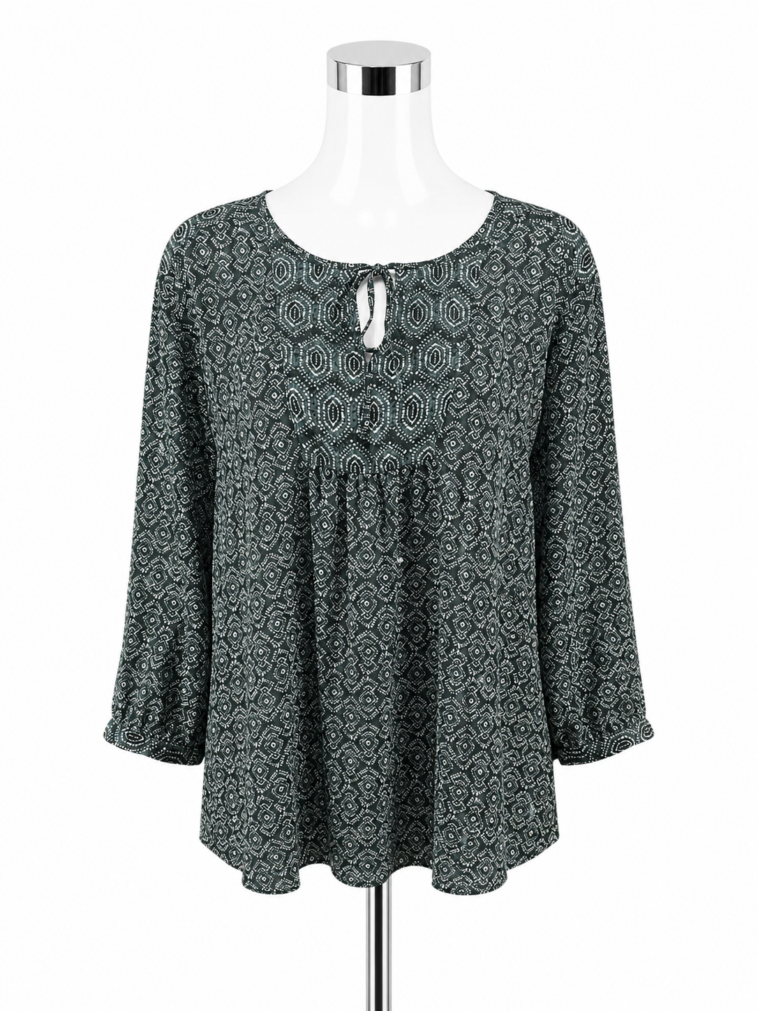 NYDJ Geo Dot Tie-Neck Peasant Blouse Tunic Top Black White Teal XL - ONLINE ONLY