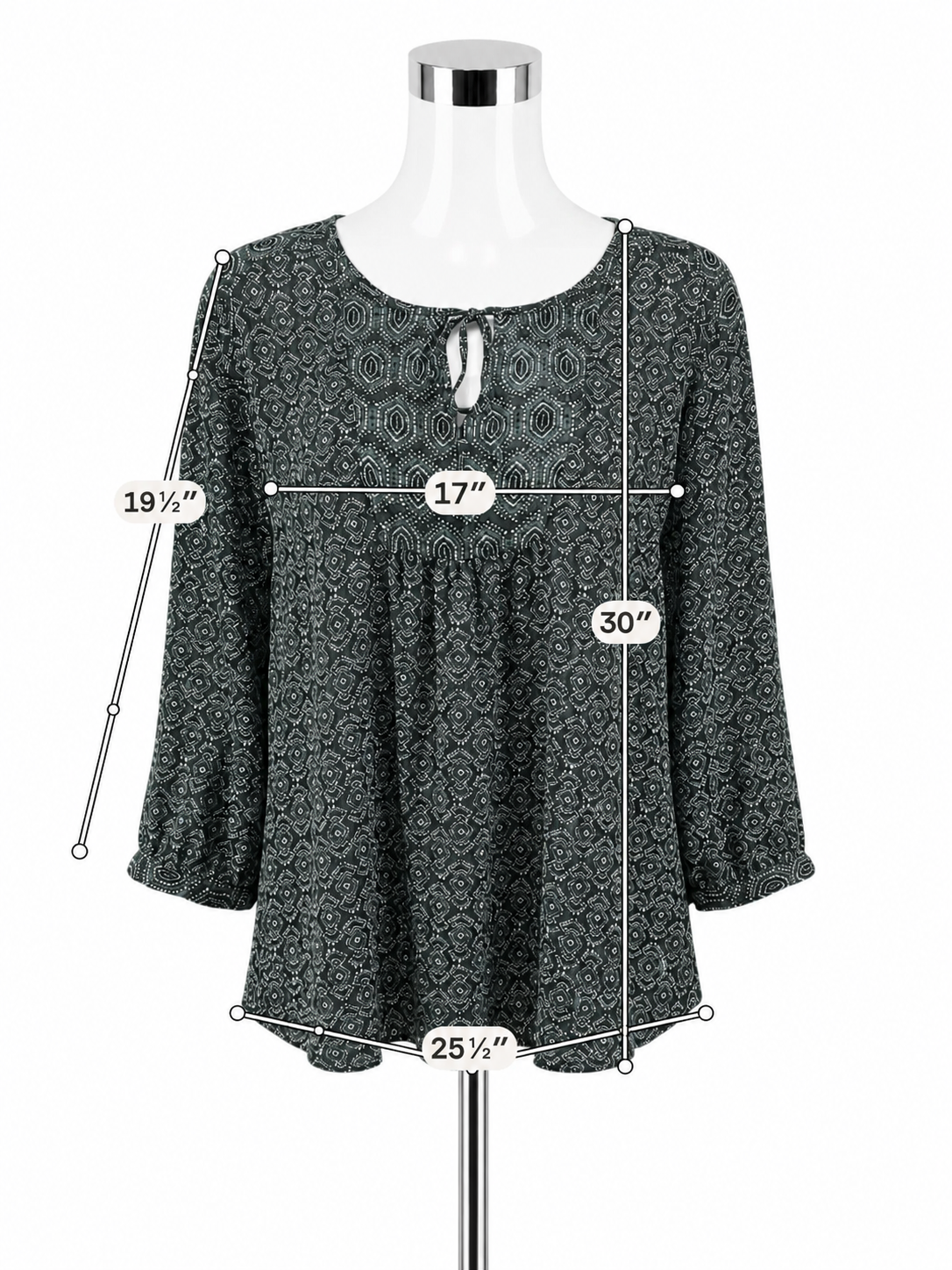 NYDJ Geo Dot Tie-Neck Peasant Blouse Tunic Top Black White Teal XL - ONLINE ONLY