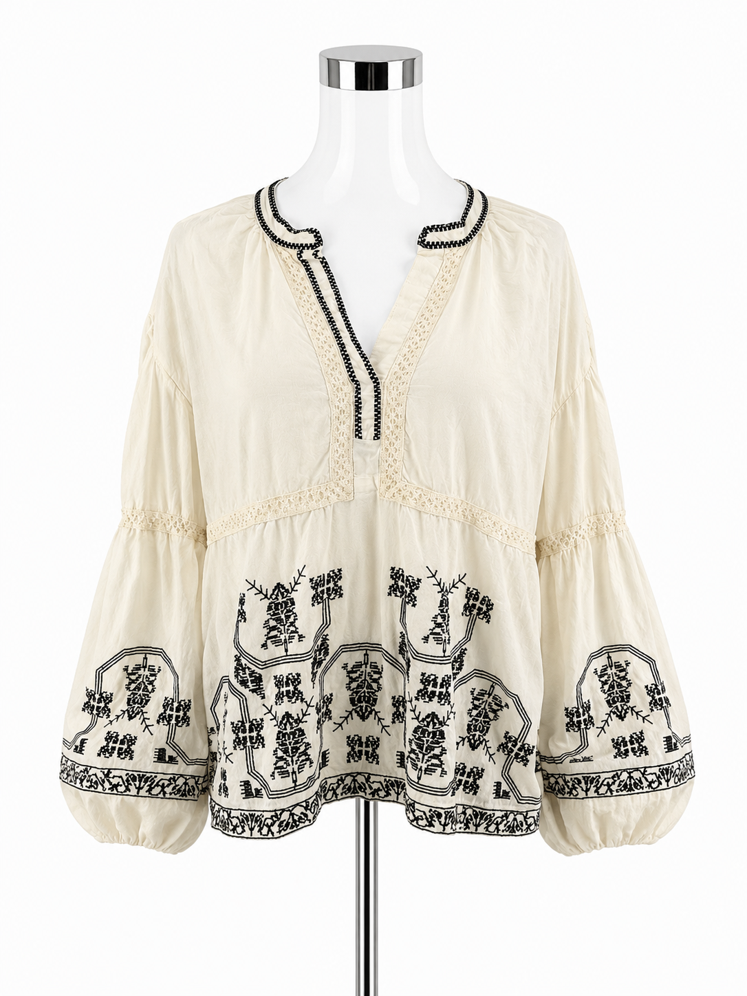 Solitaire Cream Embroidered Bohemian Peasant Blouse Top XL