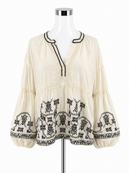 Solitaire Cream Embroidered Bohemian Peasant Blouse Top XL