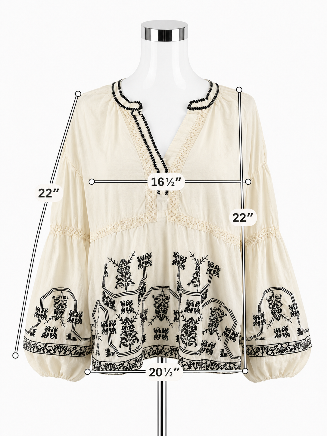 Solitaire Cream Embroidered Bohemian Peasant Blouse Top XL