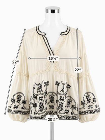 Solitaire Cream Embroidered Bohemian Peasant Blouse Top XL