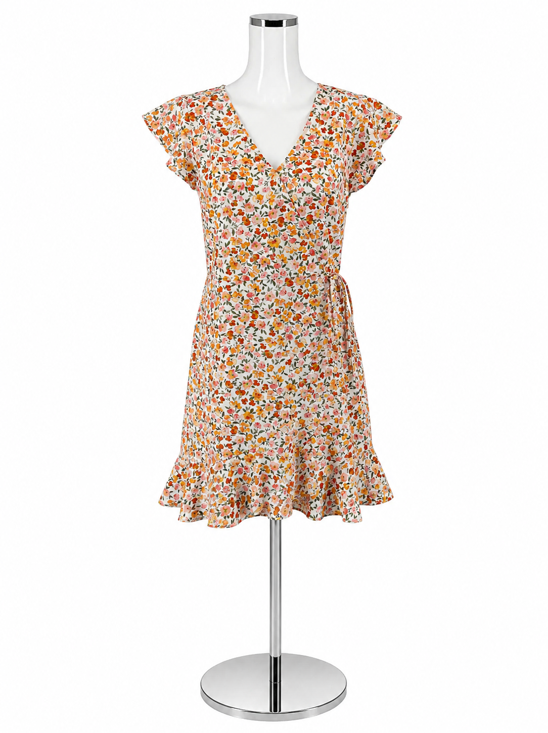LOFT Outlet Floral Faux Wrap Ruffle Dress Cap Sleeve White Orange Pink Size 4