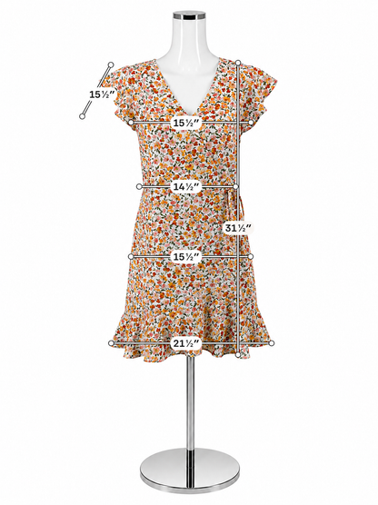 LOFT Outlet Floral Faux Wrap Ruffle Dress Cap Sleeve White Orange Pink Size 4