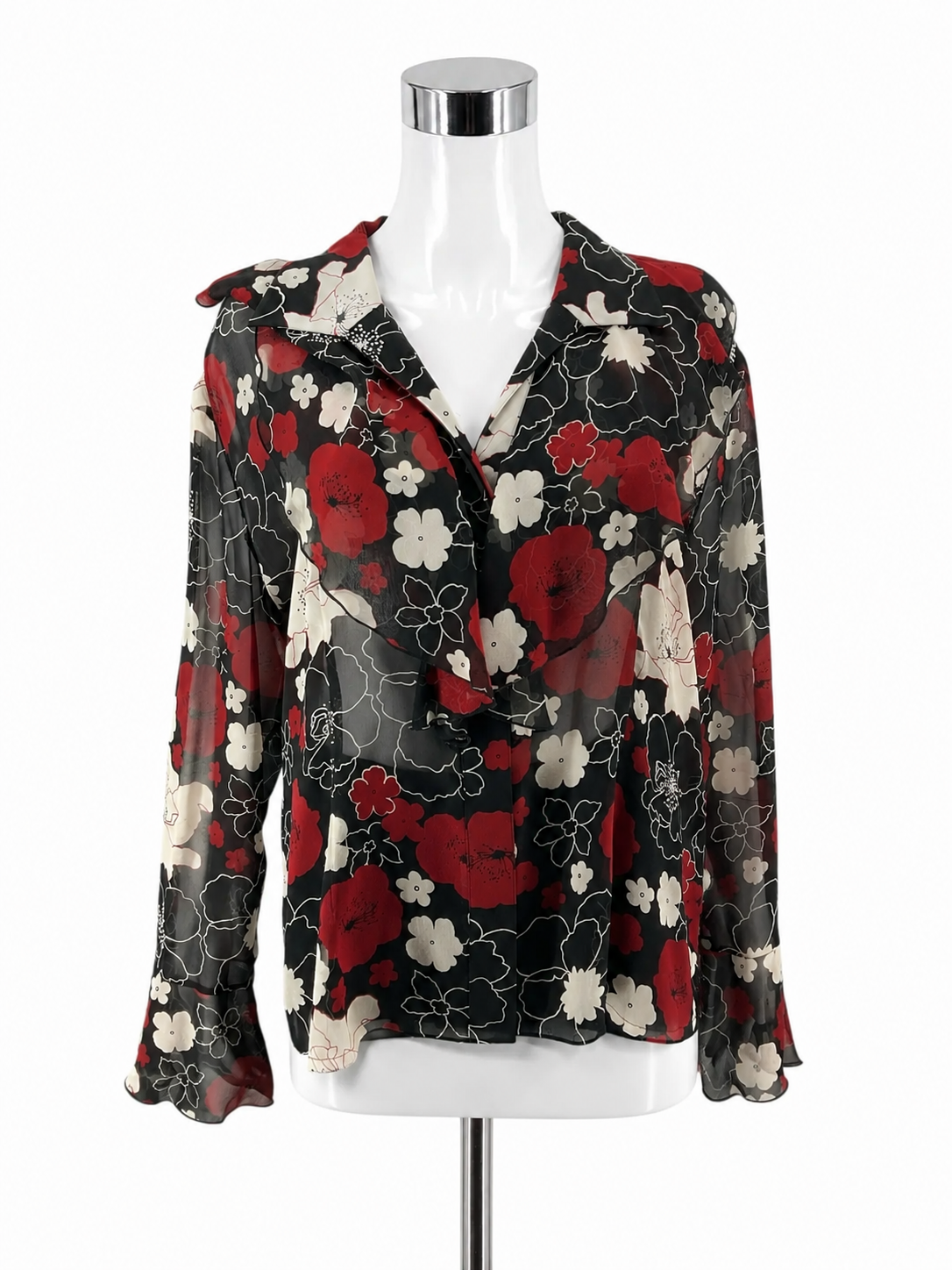 Peter Nygård Red &amp; Black Floral 100% Silk Sheer Button-Down Blouse | Size 16
