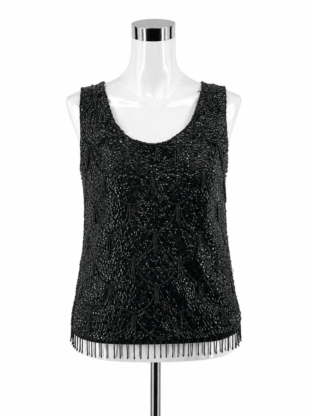 Unbranded Vintage Glam Black Wool Sequin &amp; Beaded Fringe Tank Top | Art Deco Sleeveless Shell