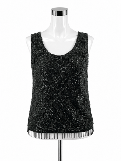 Unbranded Vintage Glam Black Wool Sequin &amp; Beaded Fringe Tank Top | Art Deco Sleeveless Shell