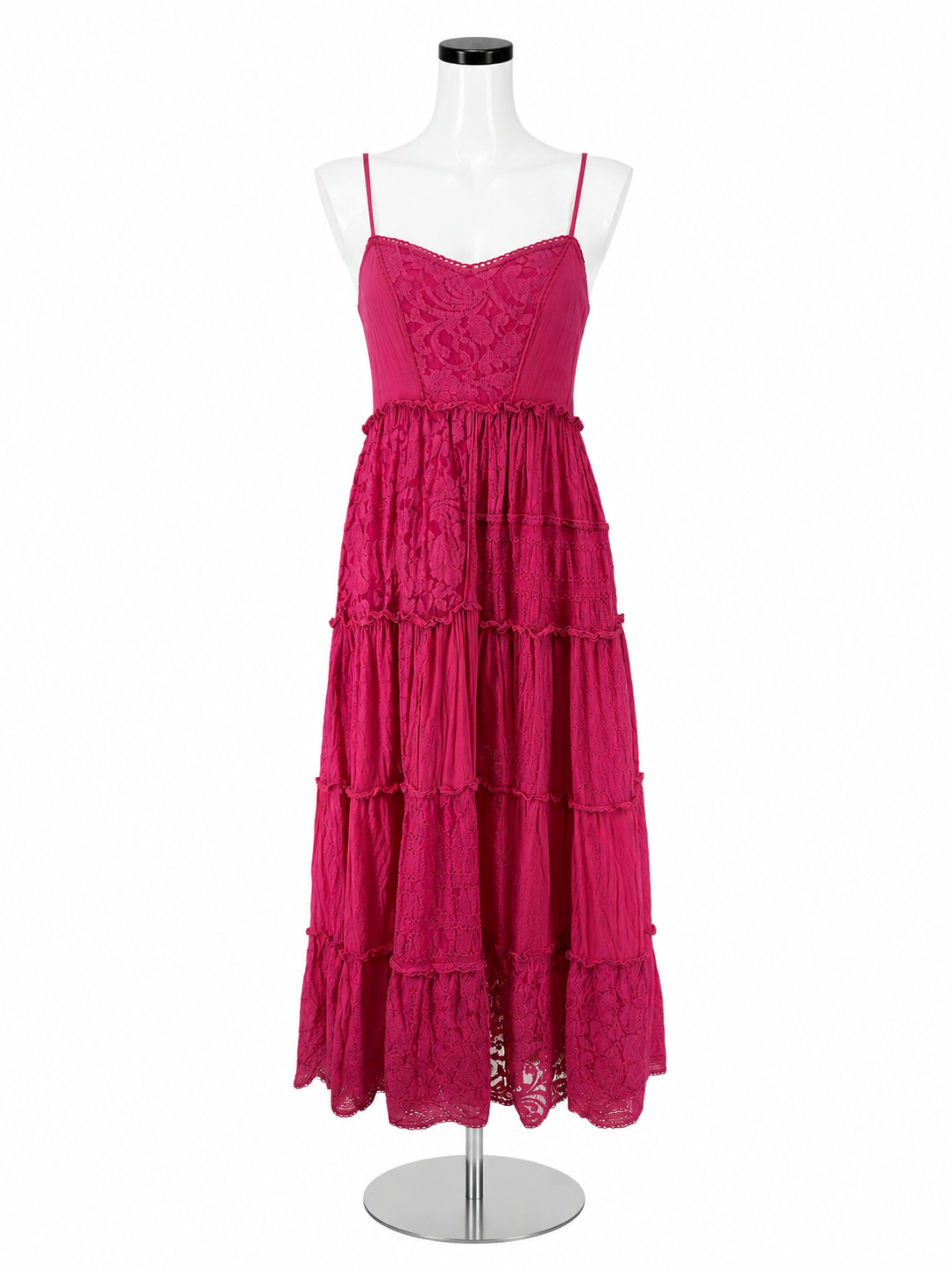 Bhanuni by Jyoti Pink Tiered Lace Bohemian Maxi Dress Size XSP