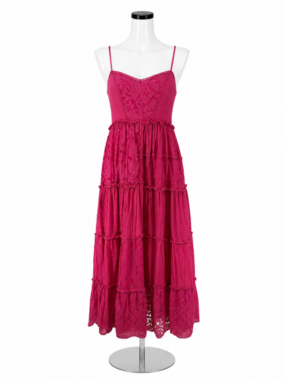 Bhanuni by Jyoti Pink Tiered Lace Bohemian Maxi Dress Size XSP