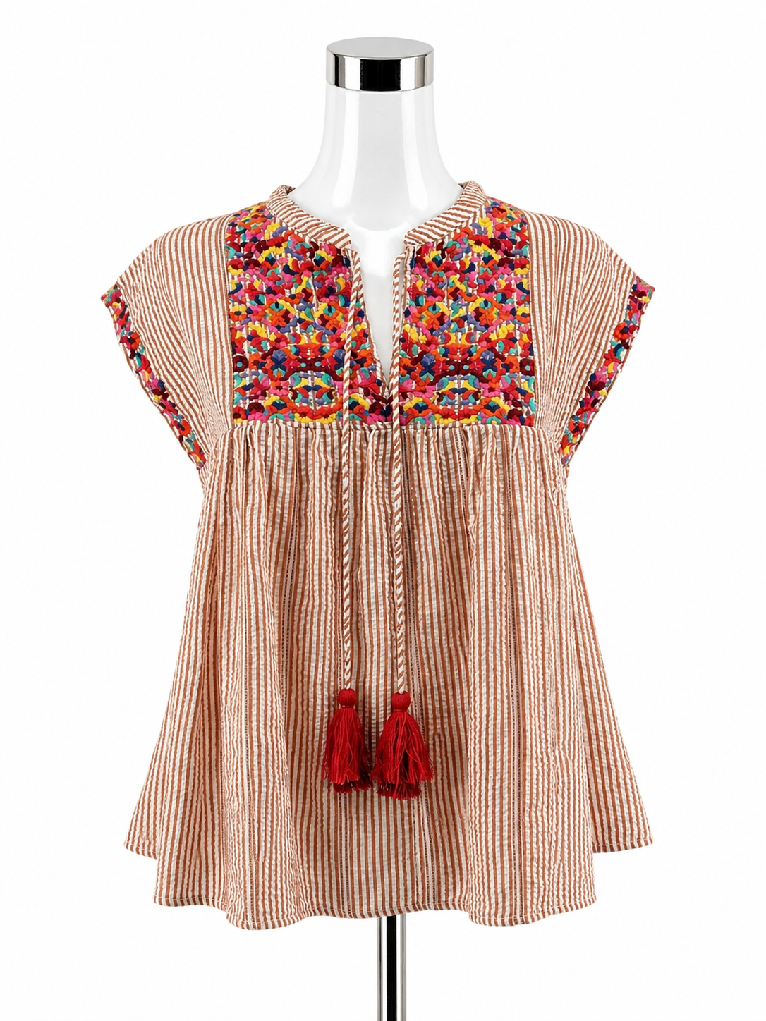 THML Striped Embroidered Tassel Tie Boho Peasant Top Size XS