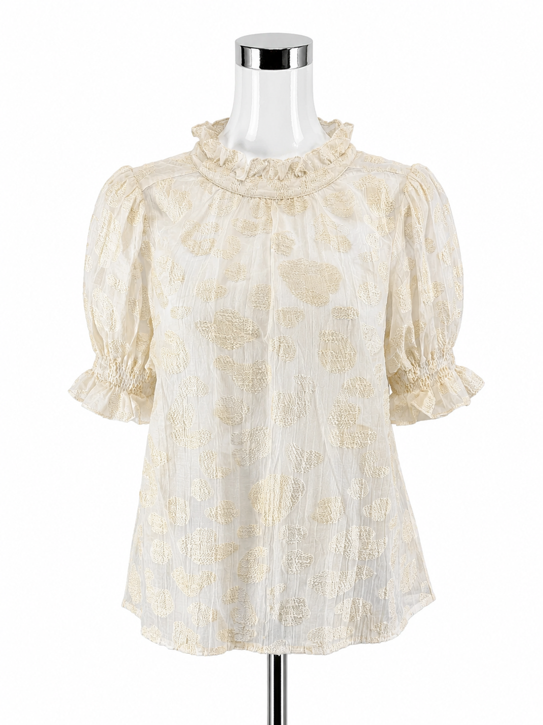 Hunter Bell Crawford Top Cream Jacquard Dot Ruffle Puff Sleeve Blouse Size Large