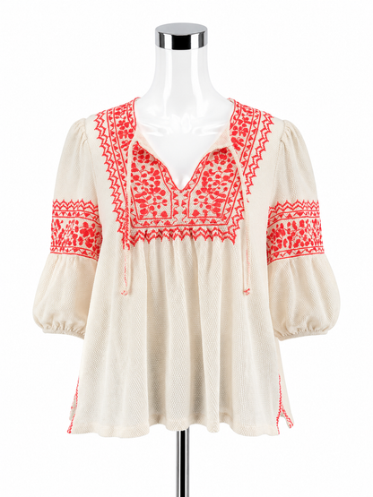 Maeve by Anthropologie Adelina Embroidered Peasant Top XS Boho Cotton Blouse