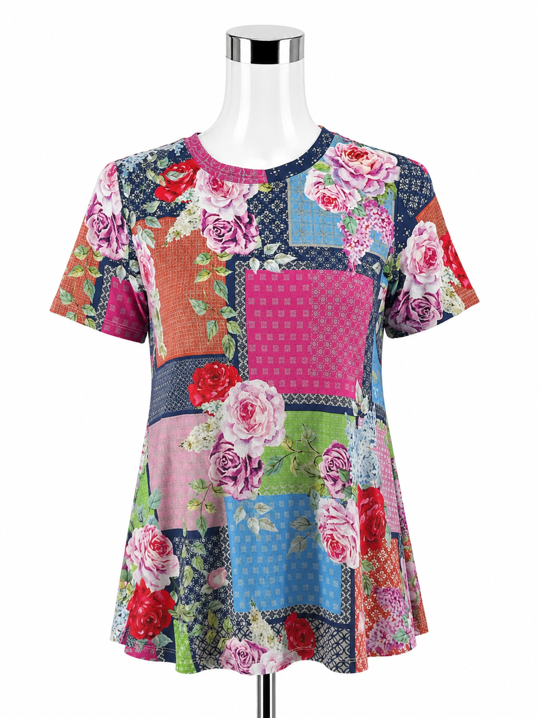 Johnny Was Patchy Tunic Top S Small Pink Blue Floral Bamboo Boho Pre-Owned