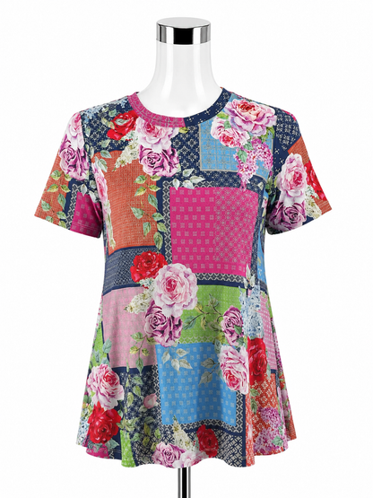 Johnny Was Patchy Tunic Top S Small Pink Blue Floral Bamboo Boho Pre-Owned