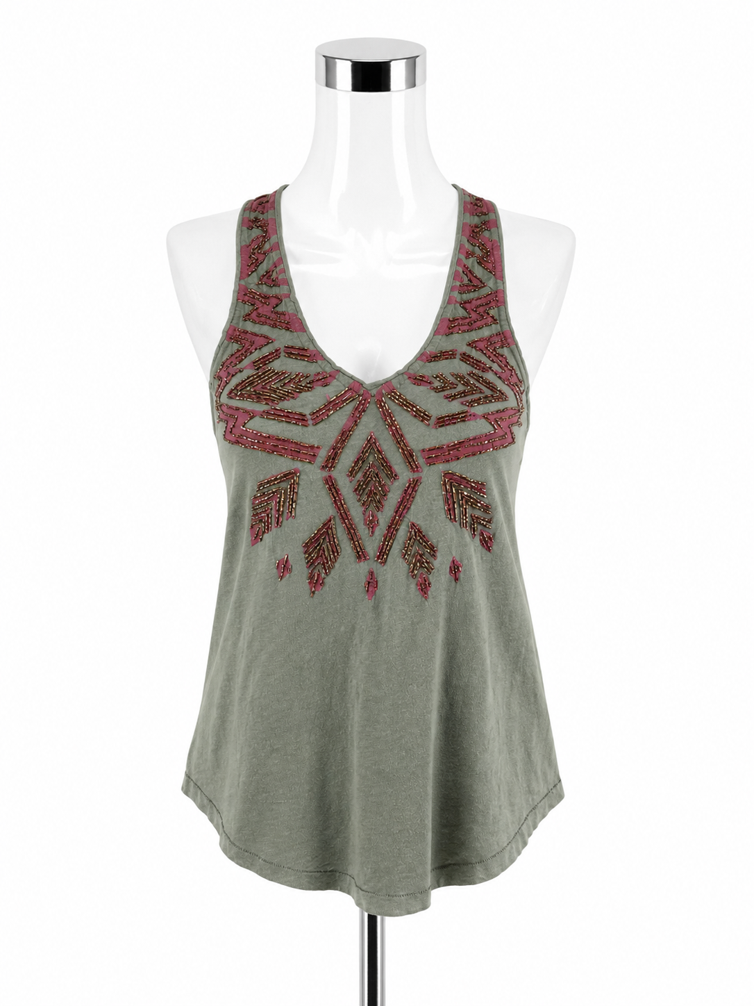 Ecote Beaded Tribal Motif Racerback Tank Top Sage Green Pink XS