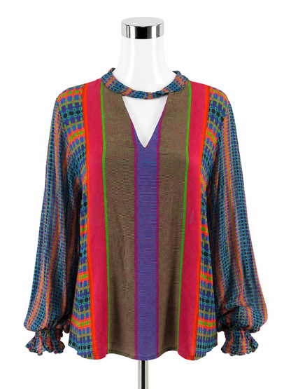 Conditions Apply Anthropologie Geometric Print Tie-Neck Boho Blouse XL NWT
