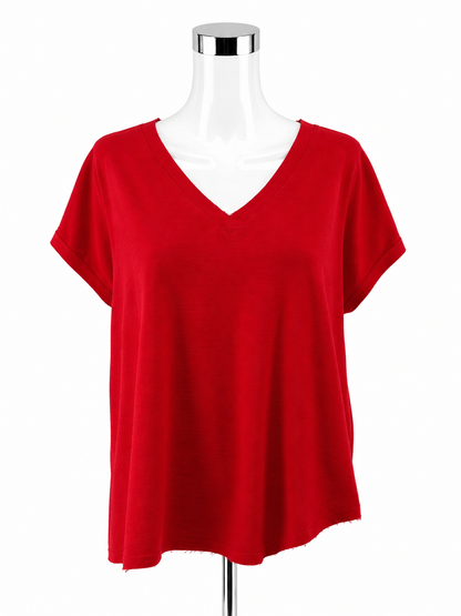 Jodifl Red Raw Edge V-Neck Slub Knit Top Size Small