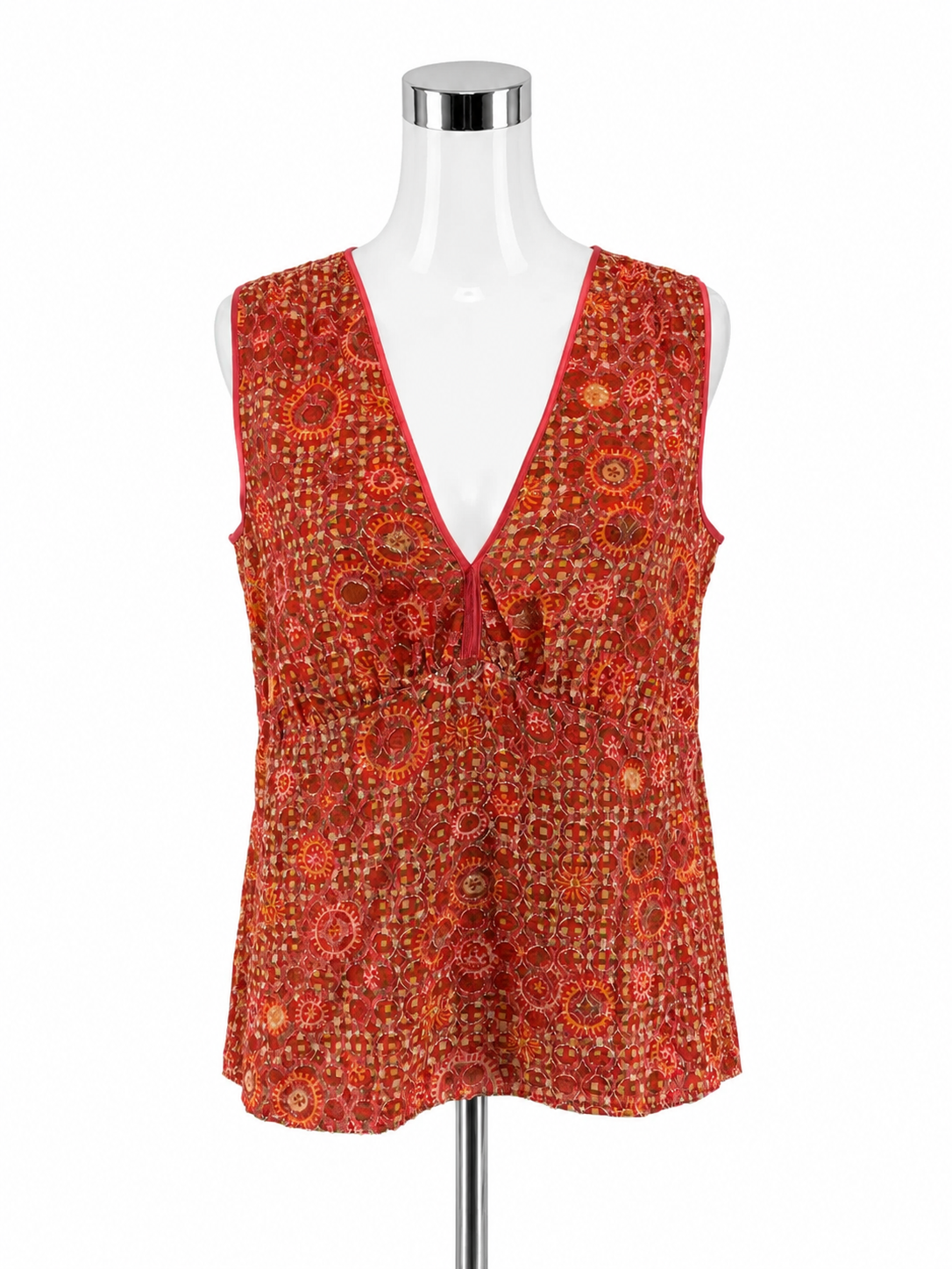 Etcetera Silk Blend Mosaic Print Tassel Tie V-Neck Tank Top Size 16
